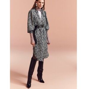 Rebecca Taylor 3/4 Sleeve Green Capucine Floral Hammered Silk Shirtdress Sz 2